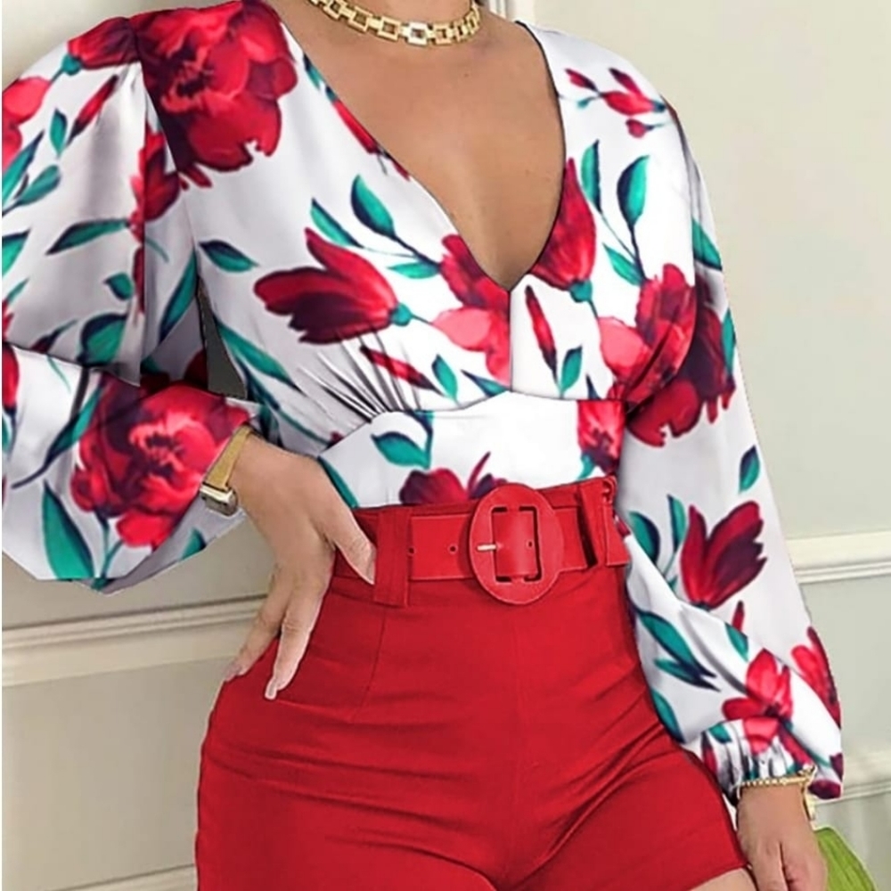Two Piece Shorts Blouse Floral Red Set